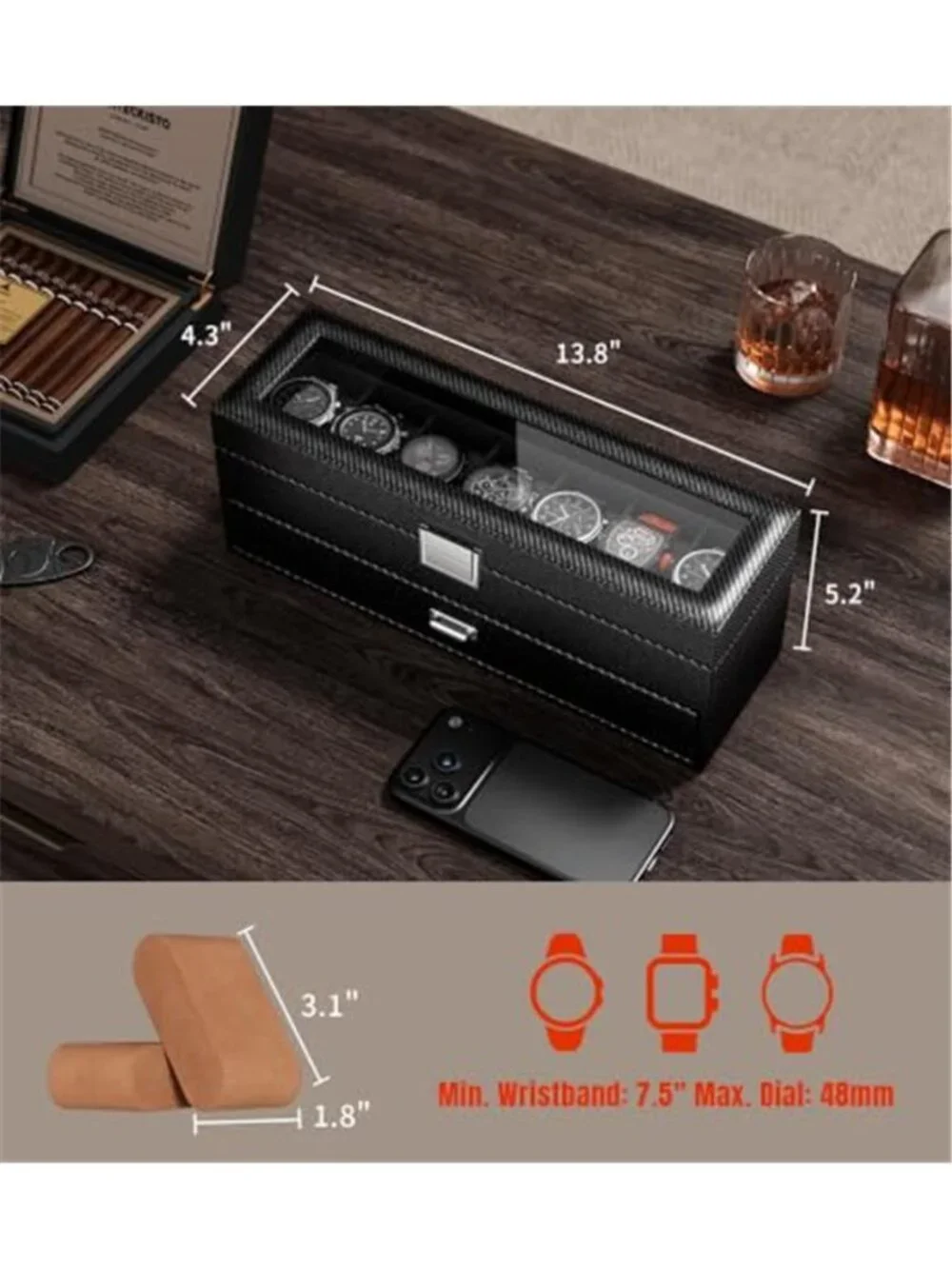 Watch Case Box for Men 7 SLots Watches Storage Organizer Real-Glass Display